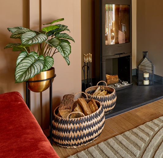 Black and Natural Zig Zag Rush Baskets (set of 2)